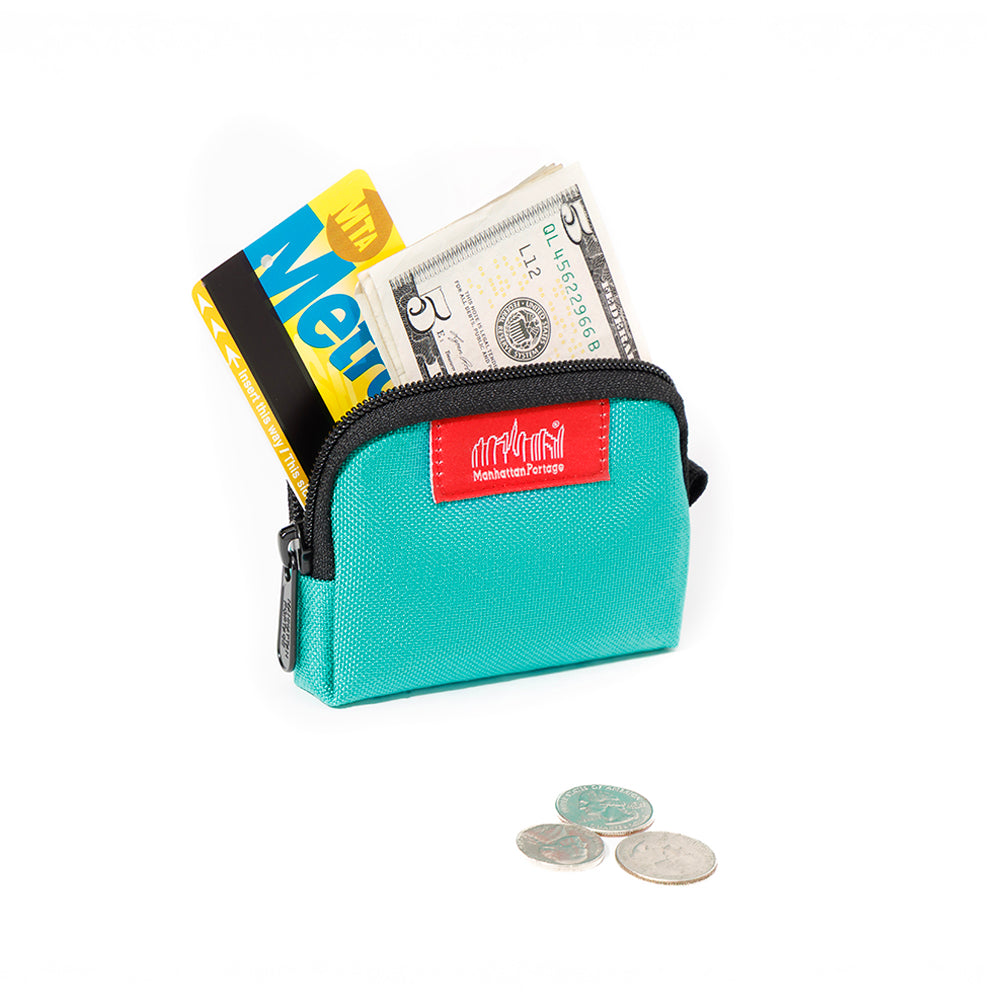 Manhattan Portage Coin Purse Aqua with cards and money