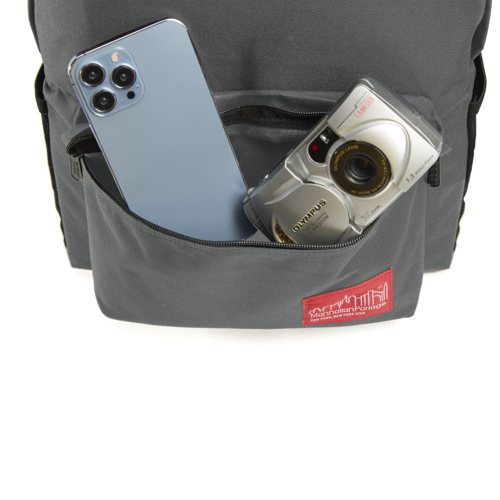 Manhattan Portage Big Apple Backpak (MD) Ver.2 Grey front pocket with phone and camera