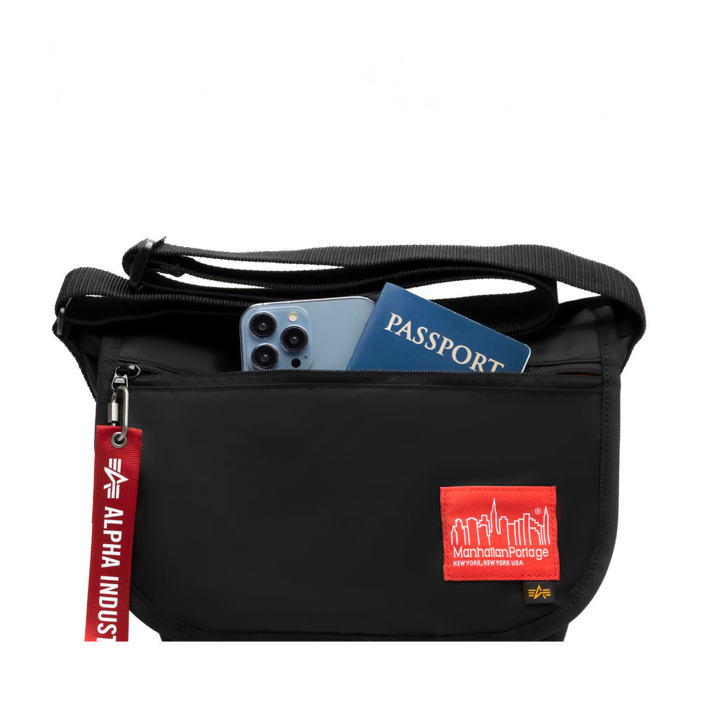 Manhattan Portage Nylon Messenger Bag JR (SM) ALPHA INDUSTRIES black front zipper pocket with phone and passport
