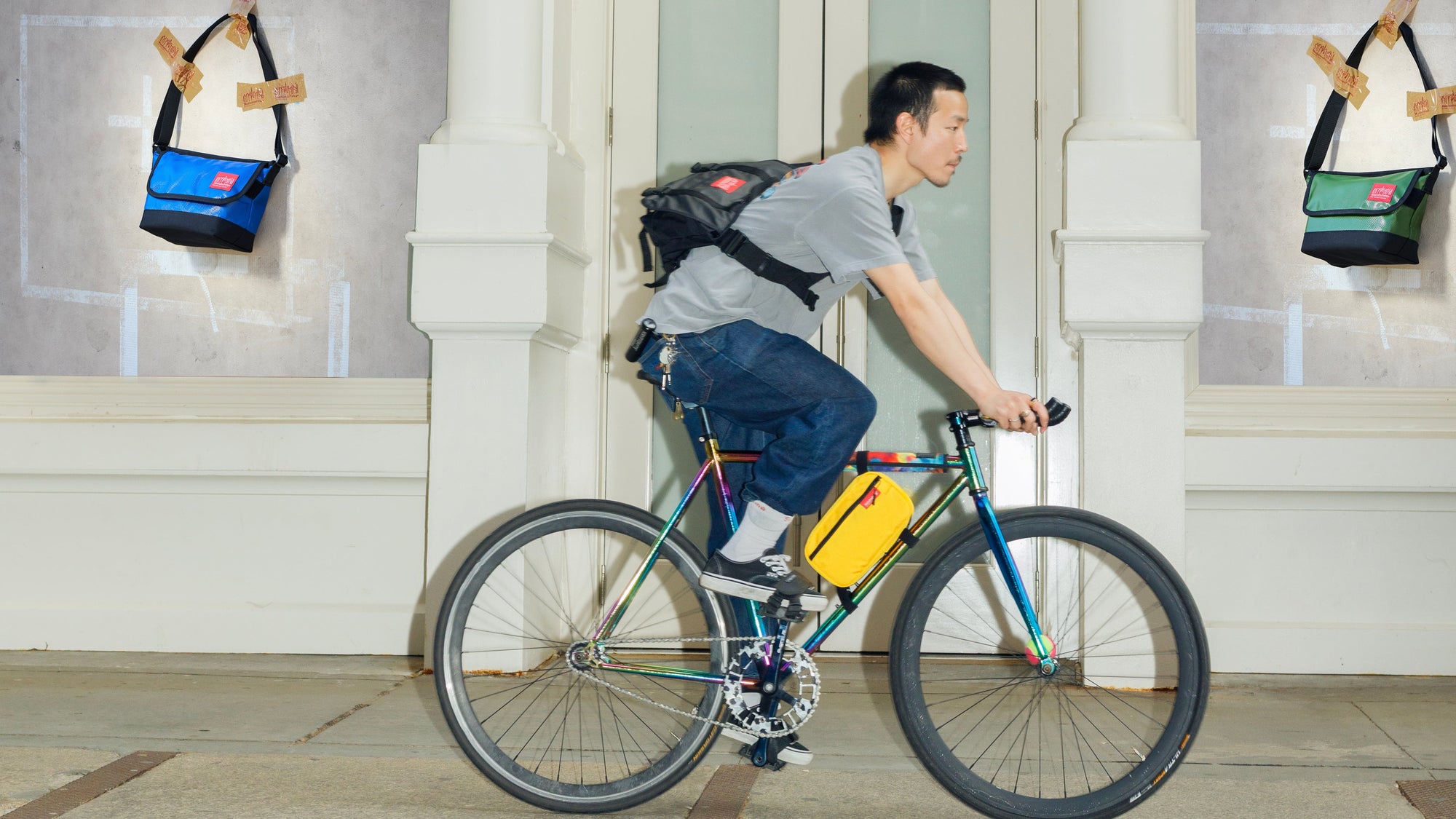 Manhattan Portage All B0oro Bike Bag Mustard on bike 