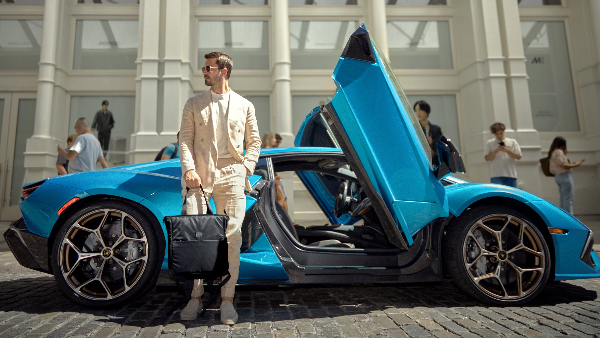 Male model with Manhattan Portage Westchester Tote Bag